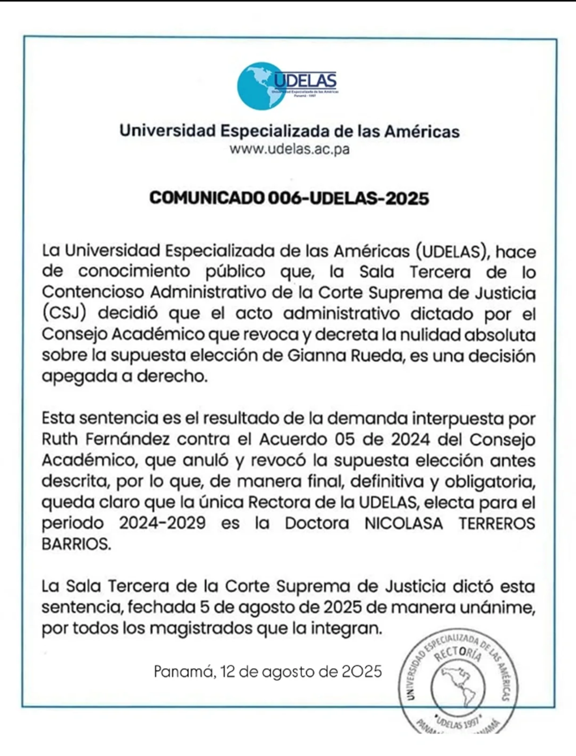 Comunicado 006 – Sentencia unánime dictada por la corte Suprema de Justicia
