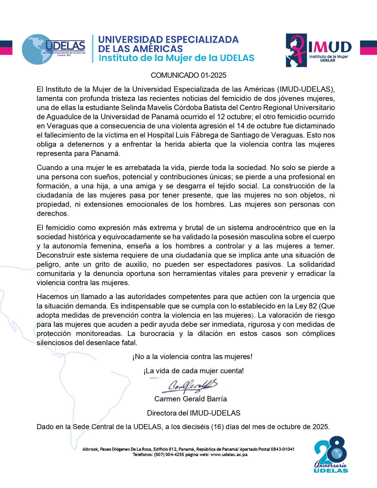 Comunicado: Instituto de la Mujer de la Universidad Especializada de las Américas