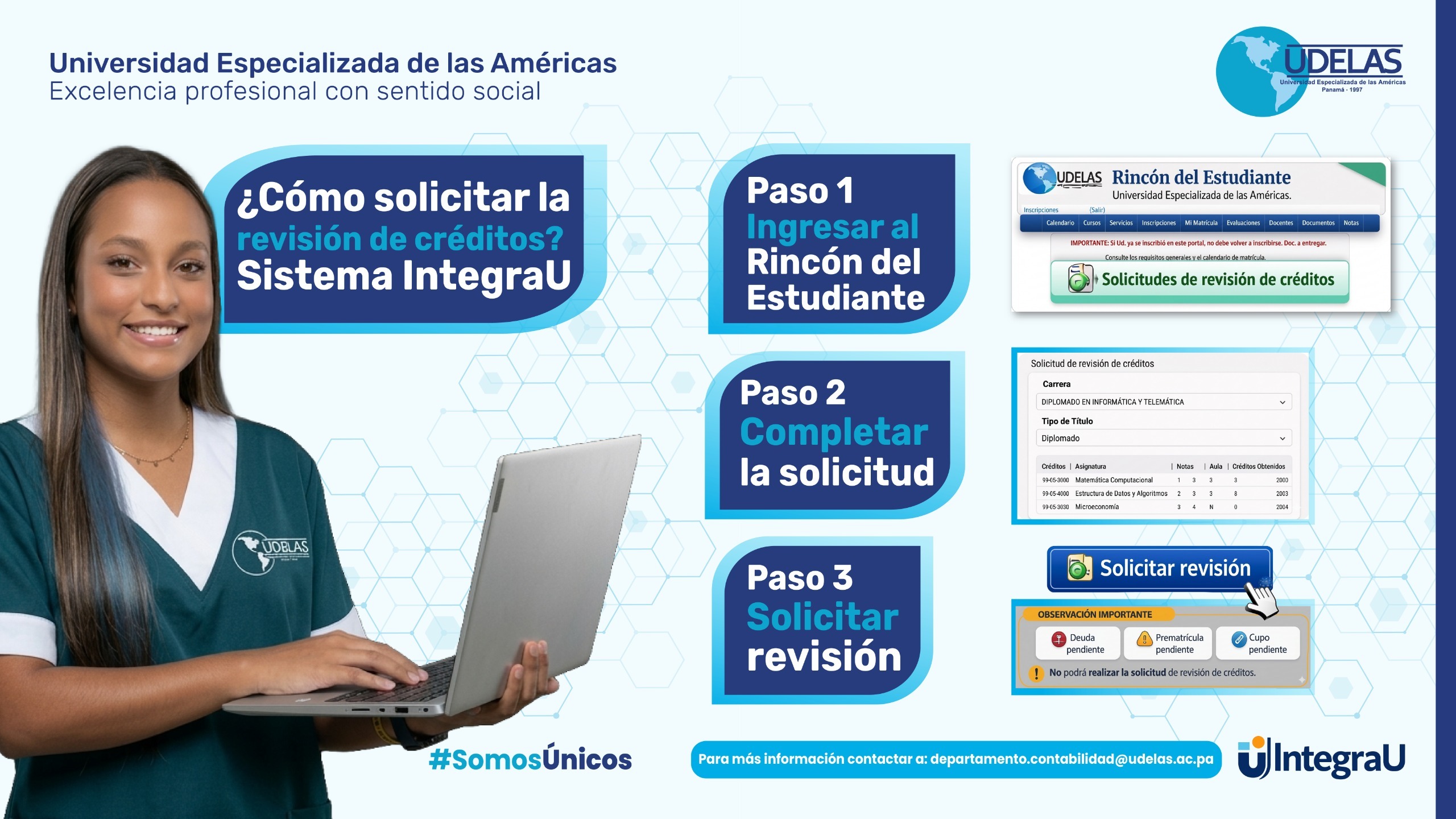 Universidad Especializada de las Américas facilita proceso para solicitud de revisión de créditos académicos.