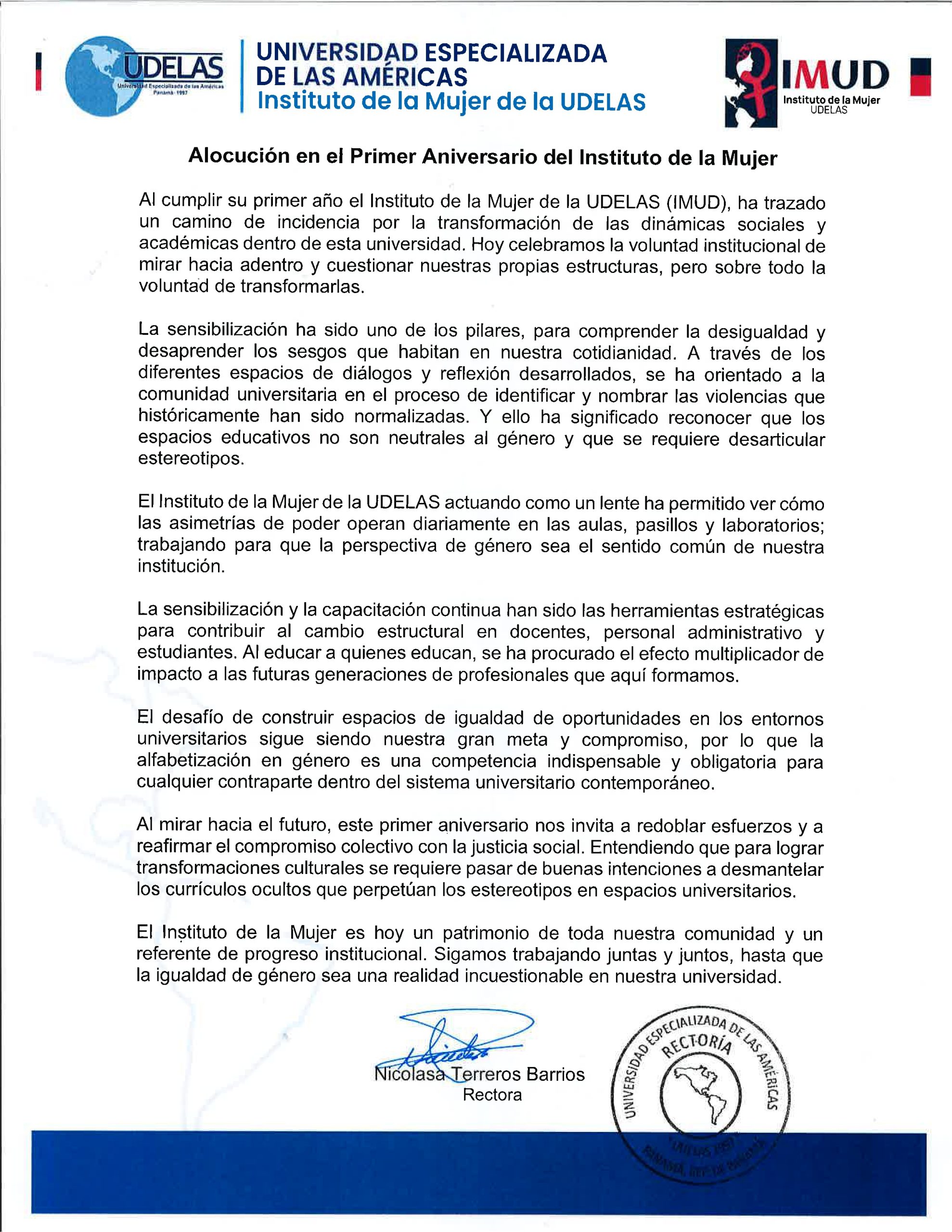 Alocución en el Primer Aniversario del Instituto de la Mujer